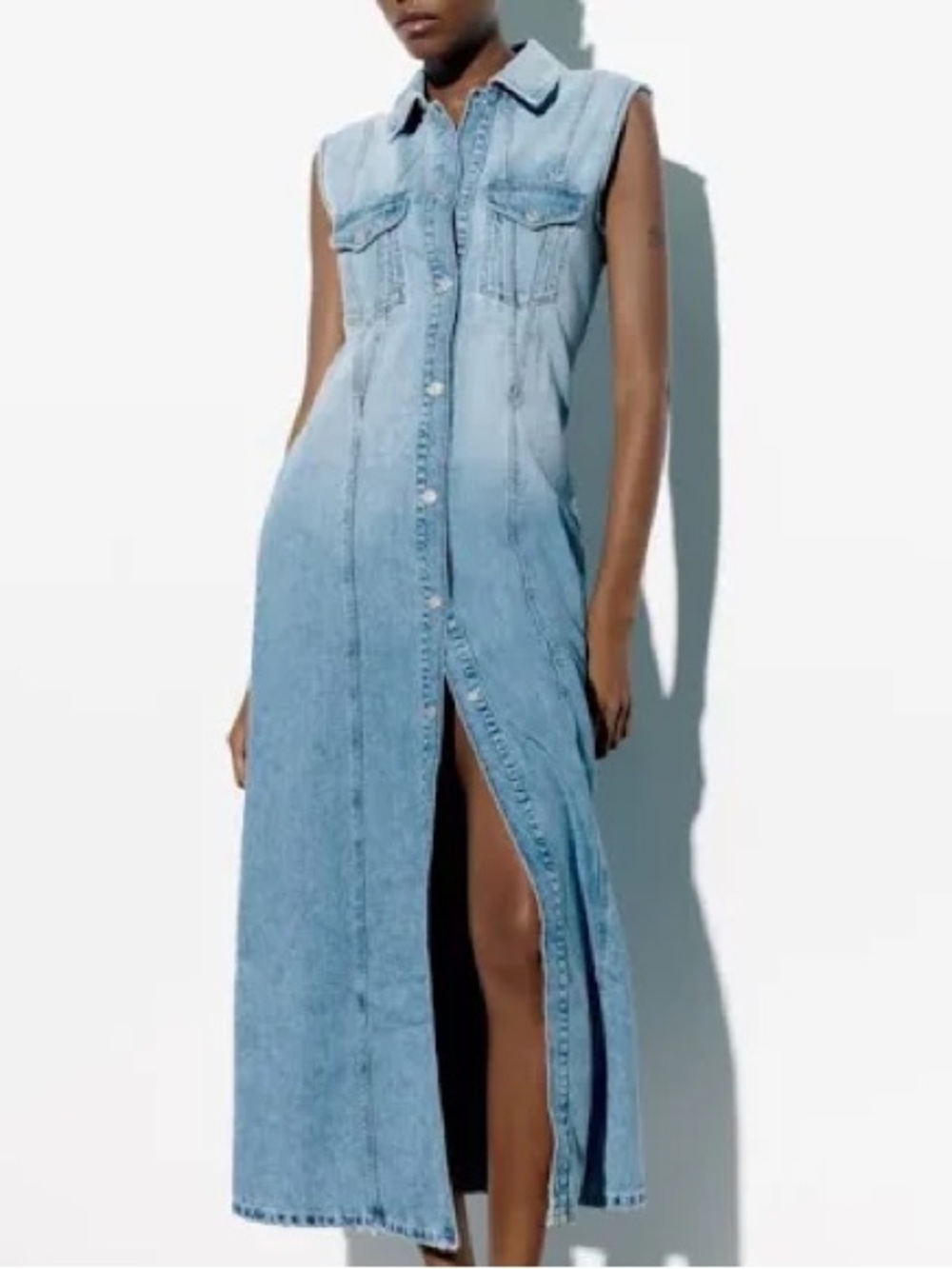 Zara Light Blue Sleeveless Denim Maxi Shirt Dress
